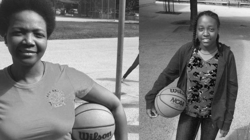 Two pictures, a girl and a woman, both holding a basketball