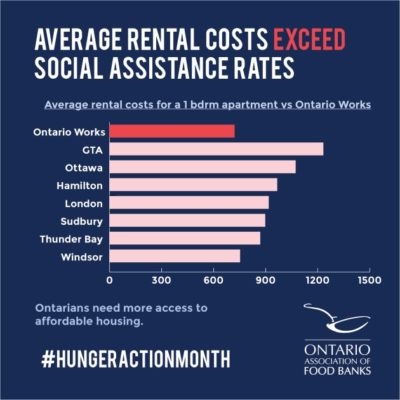 A graph of average rental costs and social assistance rates in Ontario