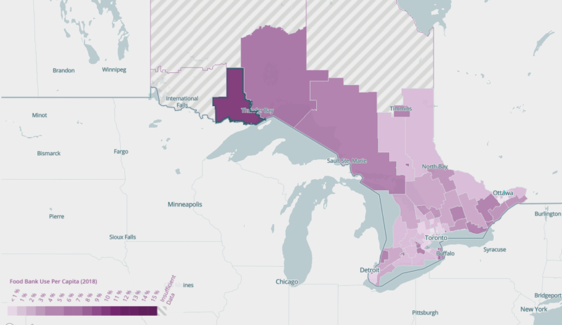 A map of food banks per capita in Ontario