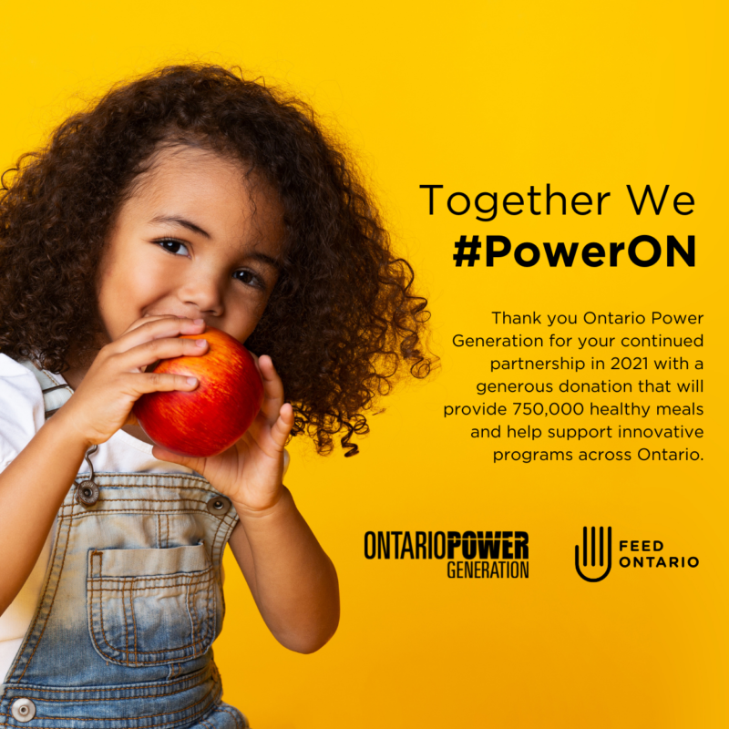 A child with curly hair eats an apple against a yellow background. Text thanks Ontario Power Generation for supporting Feed Ontario