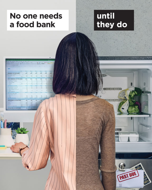 Left side is a woman at work in front of a laptop. On the right she is at home looking into a near empty fridge with an overdue notice. The title reads "no one needs a food bank, until they do".