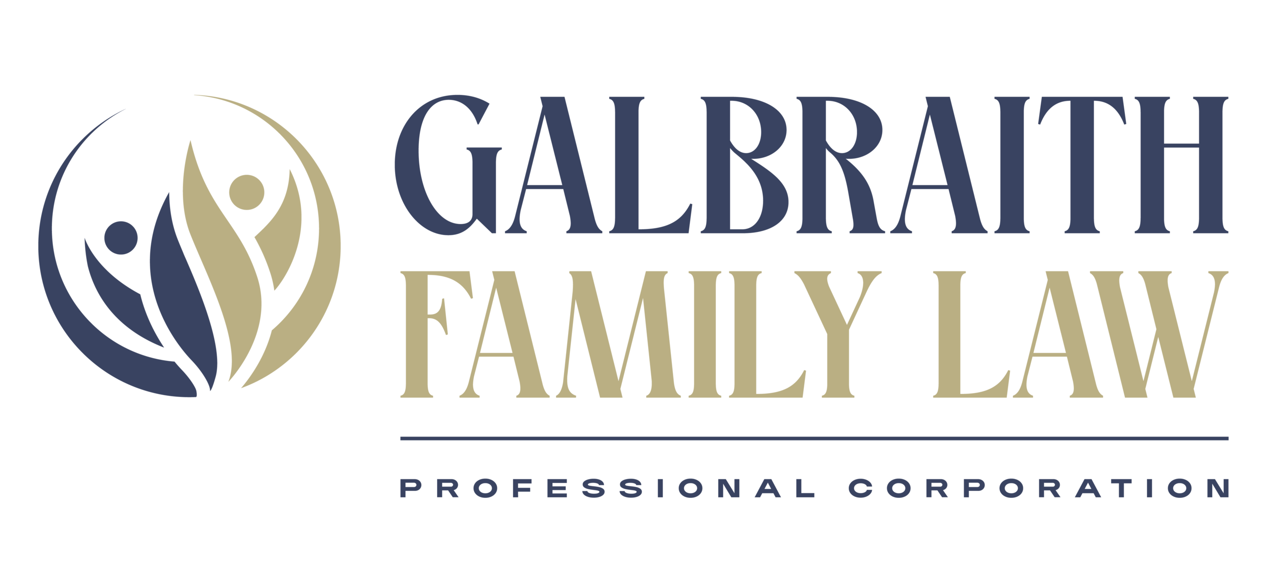 Logo pour Galbraith Family Law Professional Corporation, représentant des personnages stylisés avec des bras levés à l'intérieur d'un cercle, et le nom de la société en lettres grasses.