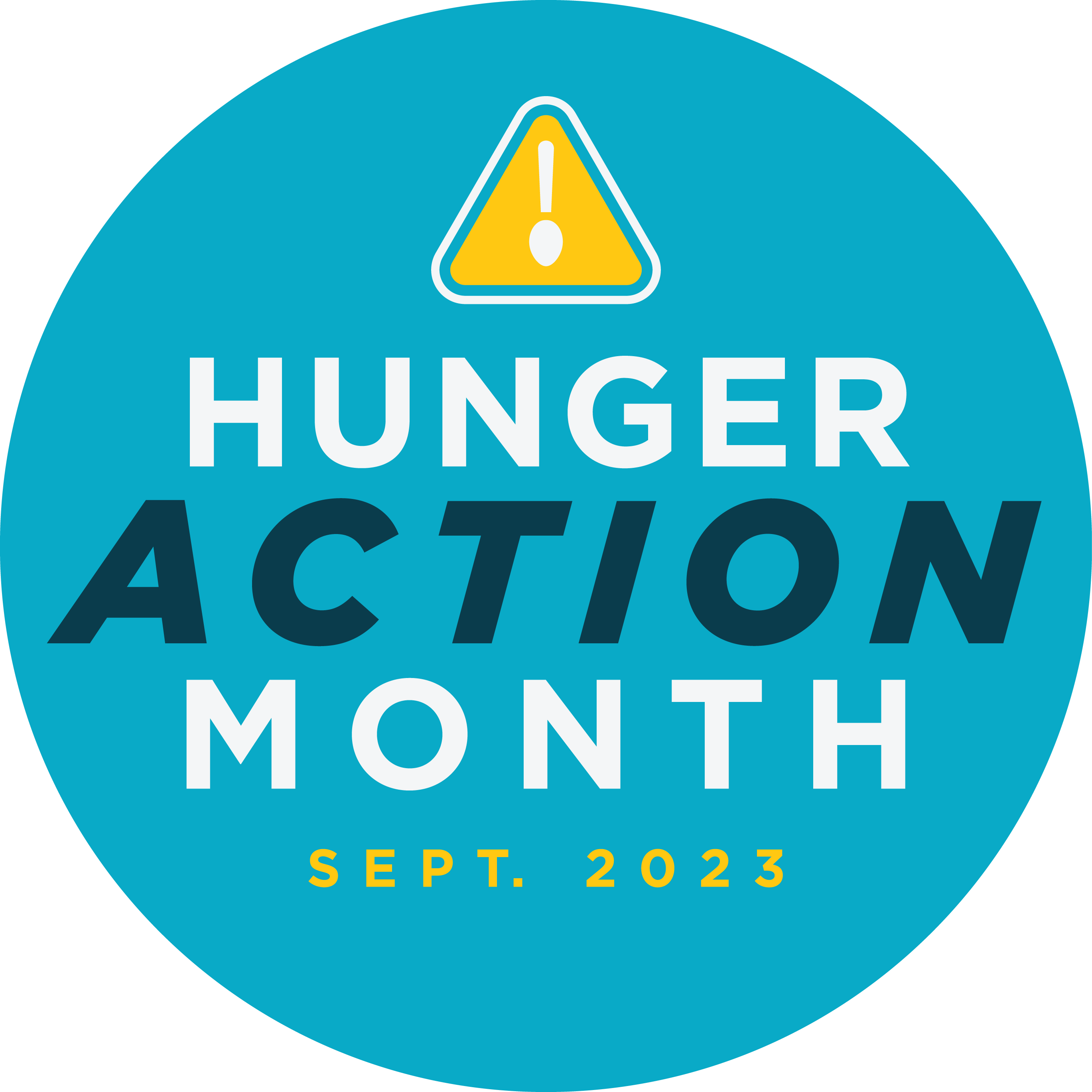 A teal round logo with a yellow warning sign at the top, reading "Hunger Action Month: Sept. 2023".