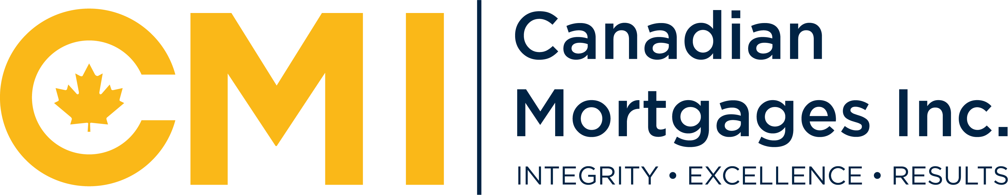 Logo of Canadian Mortgages Inc. (CMI) with a maple leaf inside the "C" and the tagline "Integrity · Excellence · Results" underneath the company's name.