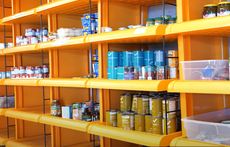 Food bank shelves of food