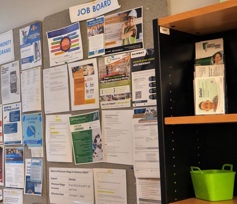 A job board at a food bank.
