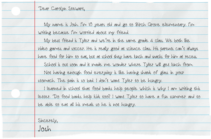 Letter that reads: Dear Carolyn Stewart, My name is Josh. I’m 10 years old and go to Birch Grove elementary. I’m writing because I’m worried about my friend. My best friend is Tyler and we’re in the same grade 4 class. We both like video games and soccer. He is really good at science class. His parents can’t always have food for him to eat, but at school they have lunch and snacks for him at recess. School is out soon and it made me wonder where Tyler will get lunch from. Not having enough food everyday is like having shards of glass in your stomach. The pain is so bad. I don’t want Tyler to be hungry. I learned in school that food banks help people which is why I am writing this letter. Do food banks help kids too? I want Tyler to have a fun summer and to be able to eat all his meals so he is not hungry. Sincerely, Josh