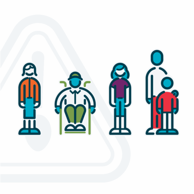 Les quatre personnages de Fork in the Road : une femme âgée, un homme en fauteuil roulant, une femme travaillant pour Ontario Works, et un père et son fils devant le logo du Mois de l'action contre la faim : un symbole d'avertissement.