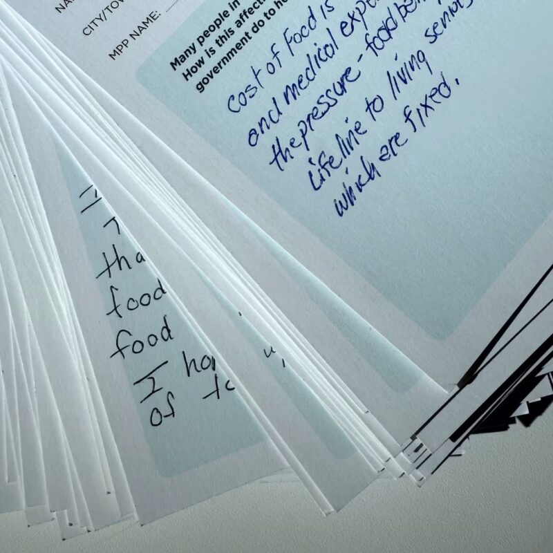 Postcards with handwritten messages from food bank visitors fanned out across a table.