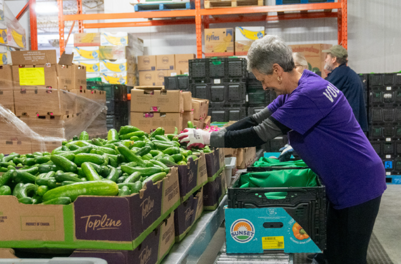 A volunteer stands in front of a box of cucumbers at a food bank.