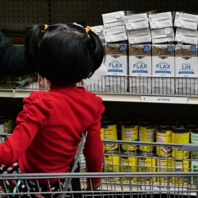A child sits in a shopping cart at a food bank.