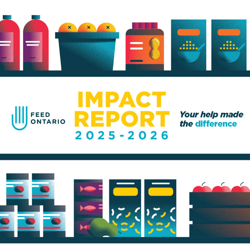 Image représentant des produits alimentaires sur une étagère. Le texte indique : " Rapport d'impact 2025-2026. Votre aide a fait la différence. "