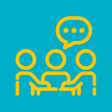 advocate Icon of three people having a discussion, represented by three outline figures with a speech bubble above them, on a blue background.