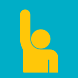 volunteer Yellow stick figure with an arm raised against a teal background.