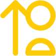 Yellow, abstract arrow pointing upward with a circle at the top and semi-circle at the bottom, resembling a stylized number 10.