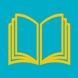 educate An open book icon with yellow pages and outline on a turquoise background.