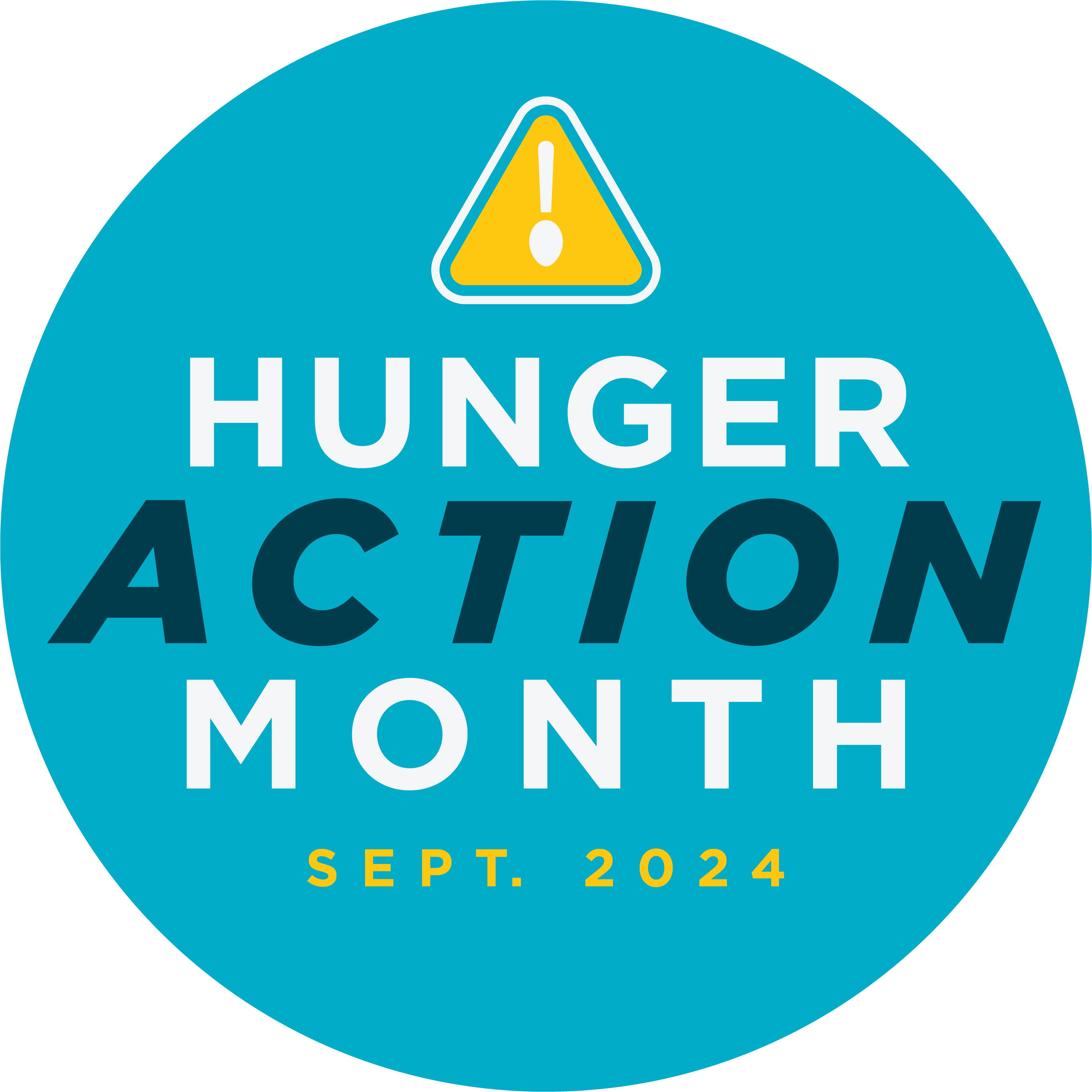 A teal circle with a yellow warning icon and the text "HUNGER ACTION MONTH SEPT. 2024" in white and dark blue.