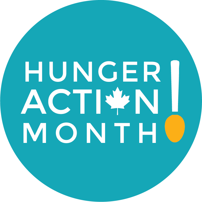 A teal circle with "HUNGER ACTION MONTH!" in white text, featuring a maple leaf and an orange spoon.