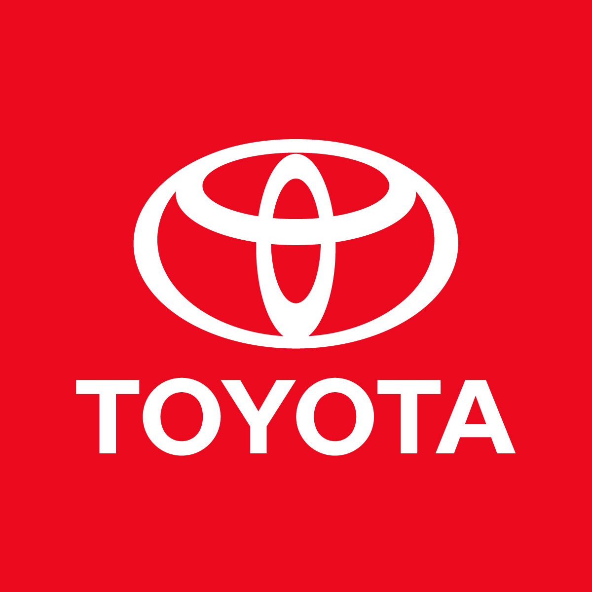 Red background with a white Toyota logo consisting of three overlapping ovals, with "TOYOTA" written below in white capital letters.