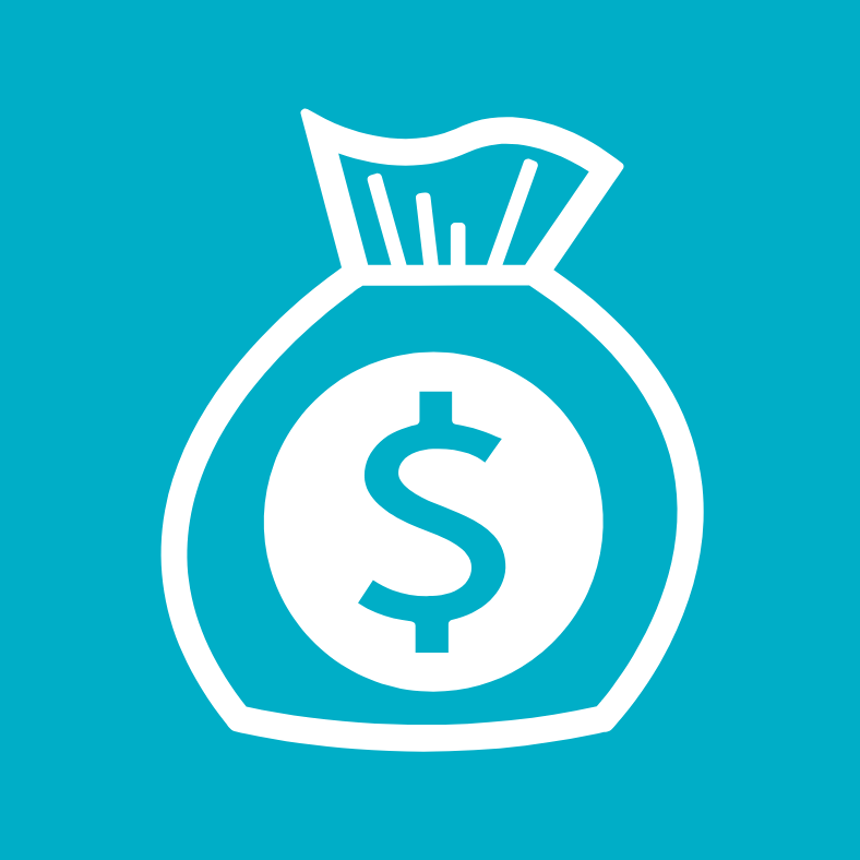 A white icon of a money bag with a dollar sign on it set against a turquoise background.