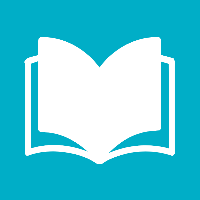 An icon of an open book with blank pages, set against a blue background.