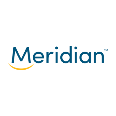 site logo Meridian logo with blue text and a yellow curved line under the letter M on a white background.